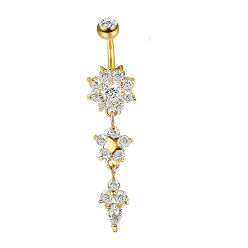 DAIIIBABYYY  -  Fashion Zircon Heart Belly Button Piercing for Women Stainless Steel Long Flower Pendant Navel Rings Piercing Ombligo Jewelry