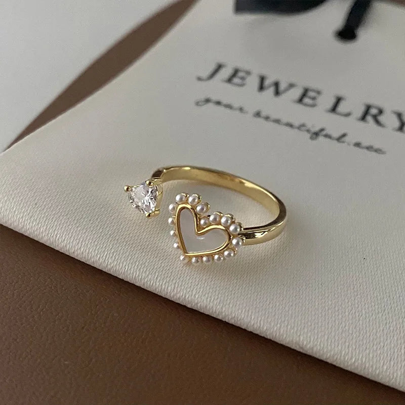 DAIIIBABYYY  -  New Korean Retro Simple Elegant Shell Pearl Love Flower Opening Rings For Women Fashion Sweet Jewelry Accessories