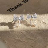 DAIIIBABYYY  -  Girls White Zircon Bow-knot Pearl Drop Earrings for Women Korean Fashion Sweet Cute Bow Stud Earring Luxury Jewelry Gift