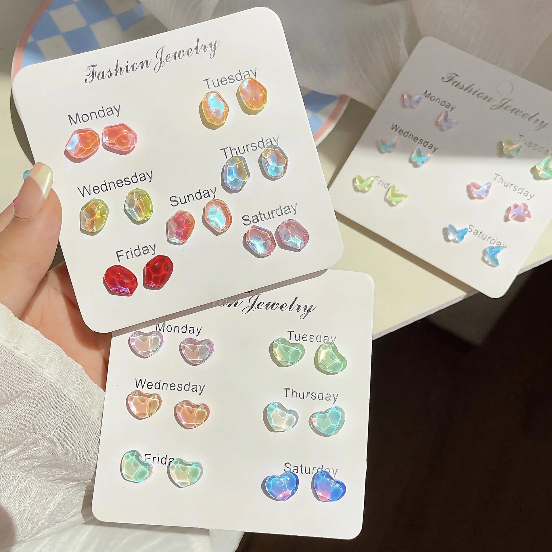 DAIIIBABYYY  -  Y2K Colorful Shiny Heart Stone Butterfly Shape Stud Earring Set Women Korean Fashion A Week Earrings Jewelry Party Gift
