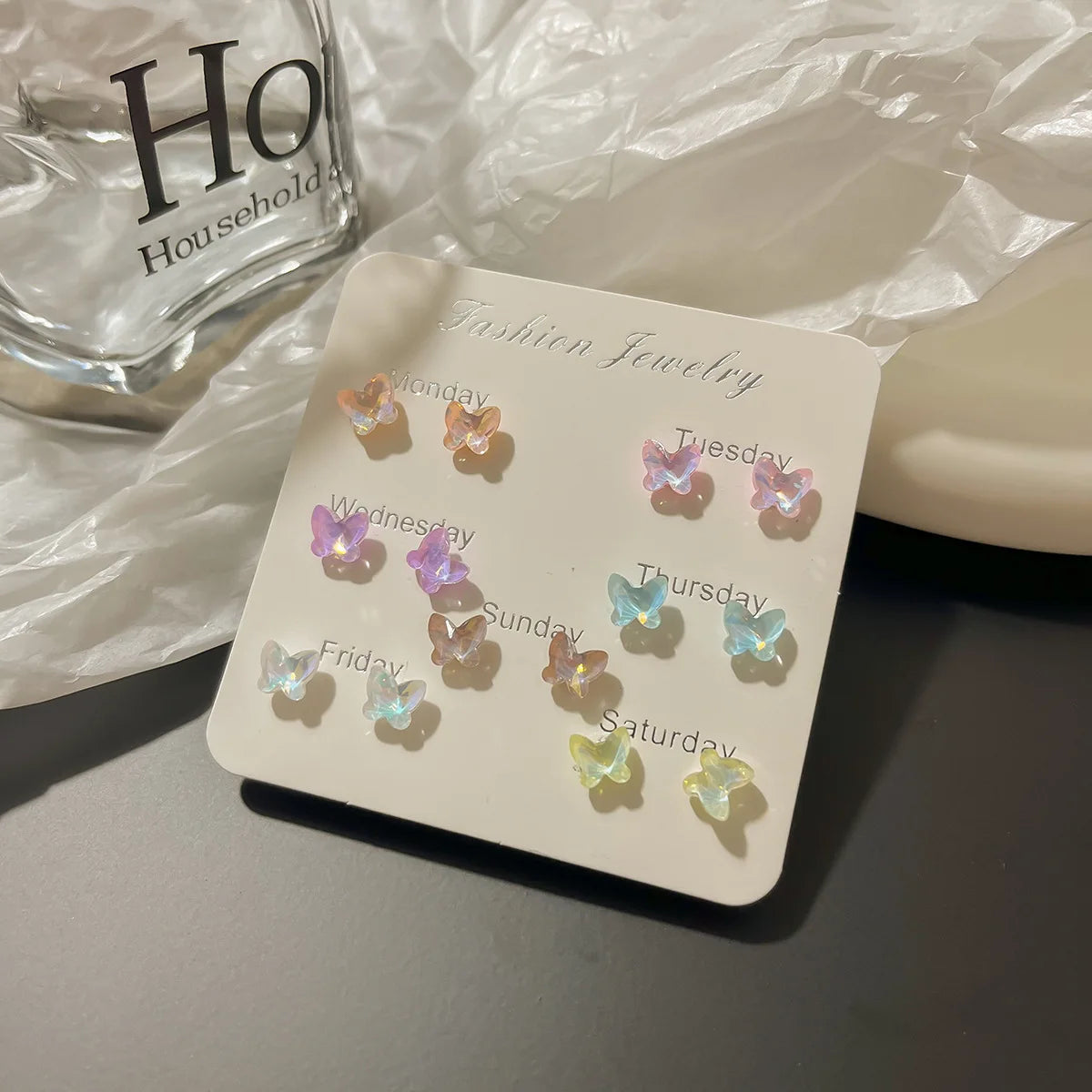 DAIIIBABYYY  -  Colorful Fairy Heart Stone Butterfly Moon Star Stud Earrings Set Women Y2K Sparkling Fashion Week 7 Days Earring Jewelry Gift