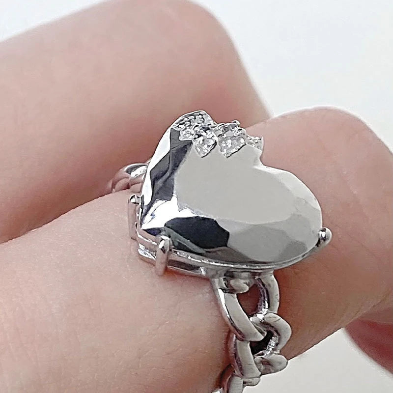 DAIIIBABYYY  -  Silver Color Broken Love Heart Rings For Women Girls Creative Design Fashion Temperament Sweet Anniversary Jewelry Gifts
