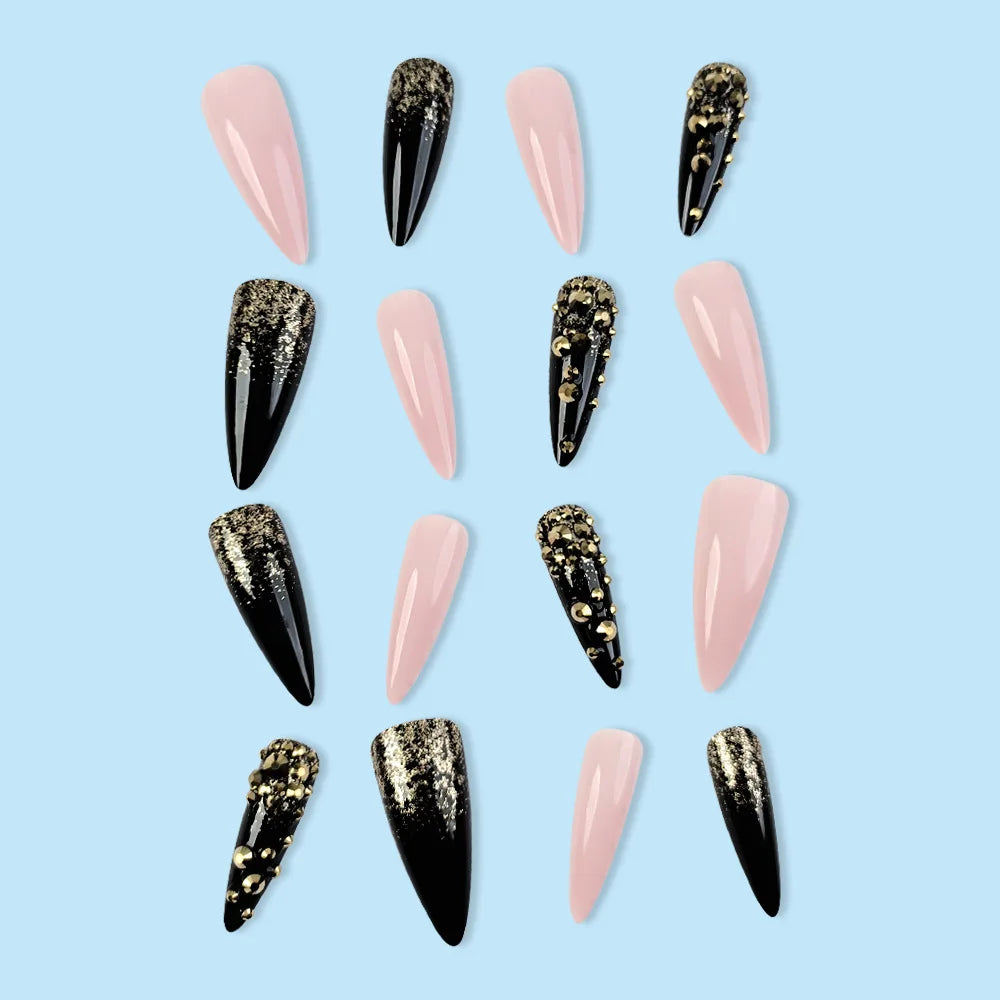 DAIIIBABYYY  -  24pcs Punk Style Fake Nails Pink Black Pointed Diamond Design False Nail Patch for Girl Women Wearable y2k Style Press on Nails