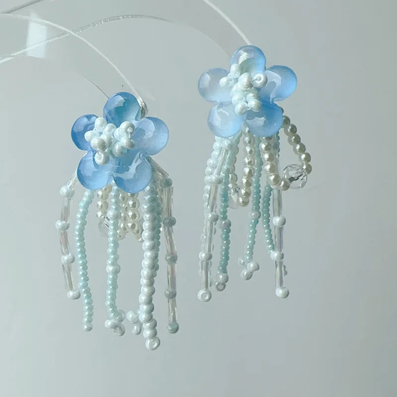 DAIIIBABYYY  -  Blue peach jade earrings Korean niche fresh and elegant flower beaded tassel earrings
