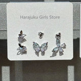 Daiiibabyyy 6PCS Kpop Vintage Dream Fairy Aesthetic Cute Y2K Crystal Heart Butterfly Stud Earrings Set Women Goth 2000s Jewelry Accessories