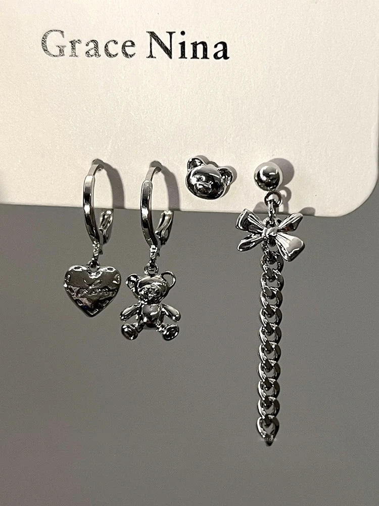 DAIIIBABYYY  -  6Pcs/set Women Silver Color Rhinestone Butterfly Stud Earrings Y2K Korean Fashion Punk Earring Stud Jewelry Sets Gift