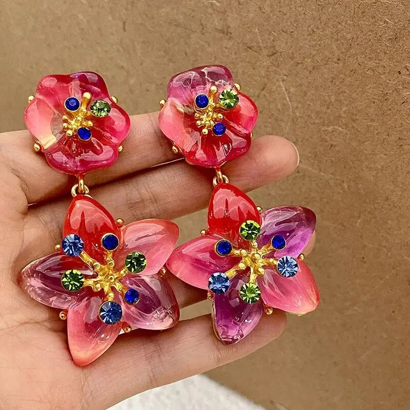 DAIIIBABYYY  -  Retro palace style gradient crystal glass starfish personality exaggerated flower earrings