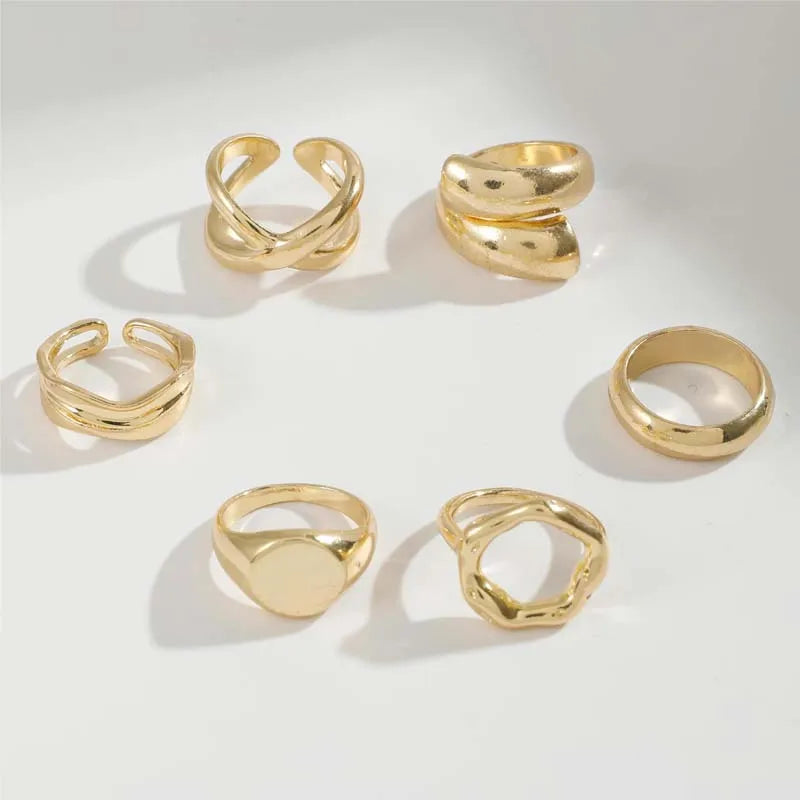 DAIIIBABYYY  -  6Pcs/Set Gold Color Smooth Geometric Open Rings Set For Women Exaggerated Metal Irregular Thick Chunky Ring Jewelry Gift