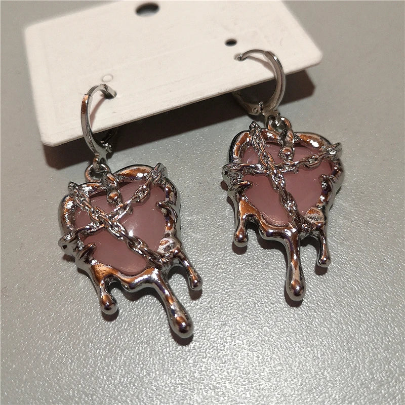 Daiiibabyyy Gothic Liquid Pink Heart Pendant Earrings For Women Fashion Creative Aesthetic Grunge Y2K Punk Rock Jewelry EMO Accessories New