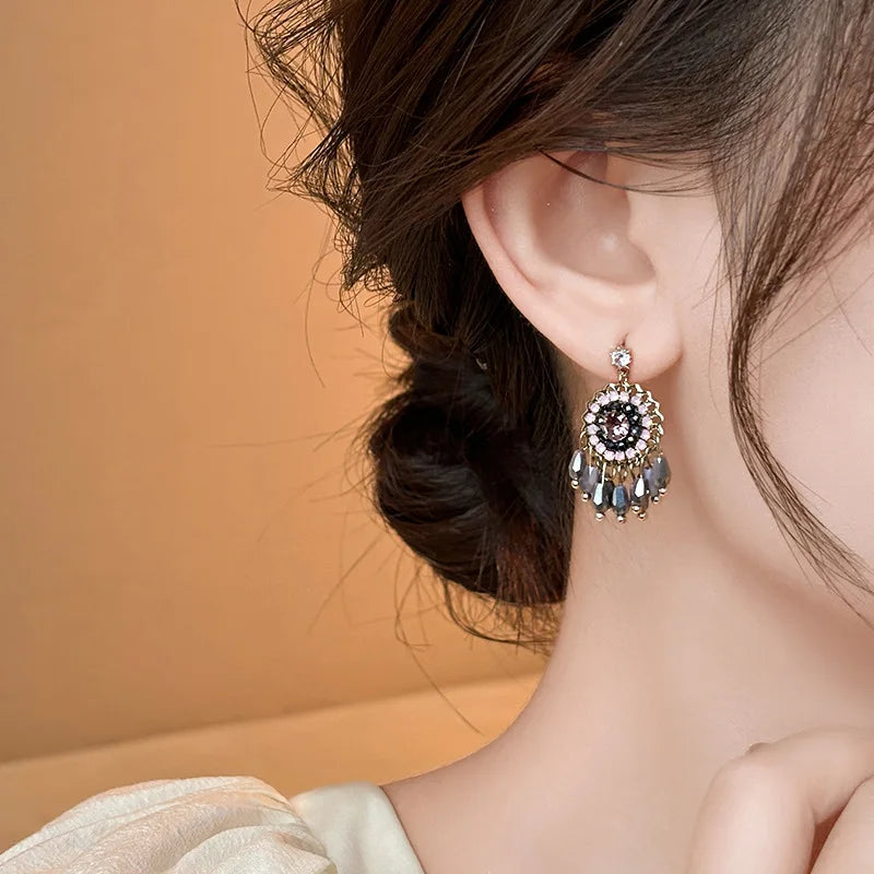 DAIIIBABYYY  -  New Arrival Korean Retro Elegant Crystal Tassel Dangle Earrings For Women Fashion Sweet Water Drop Jewelry Party Gifts