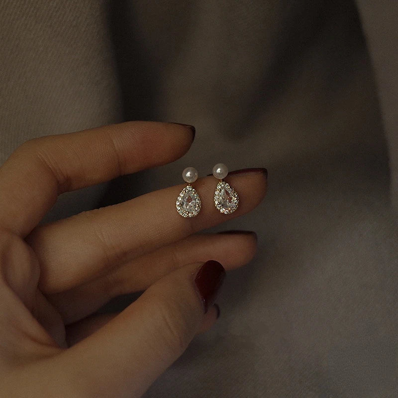 DAIIIBABYYY  -   Plated Pearl Stud Earrings Water Drop Shiny Zircon Morning Dew Earrings for Women Wedding Jewelry