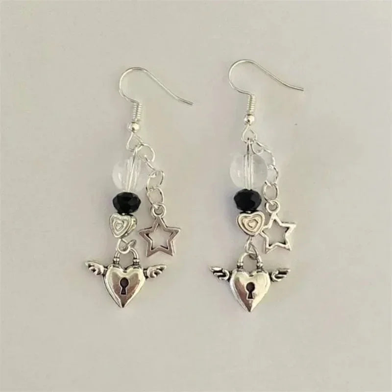 DAIIIBABYYY  -  Heart and Star Drop Earrings, Angle Wing Heart Lock Earrings, Y2K Fairy core Earring,Grunge,  Women Trendy Jewelry Gift