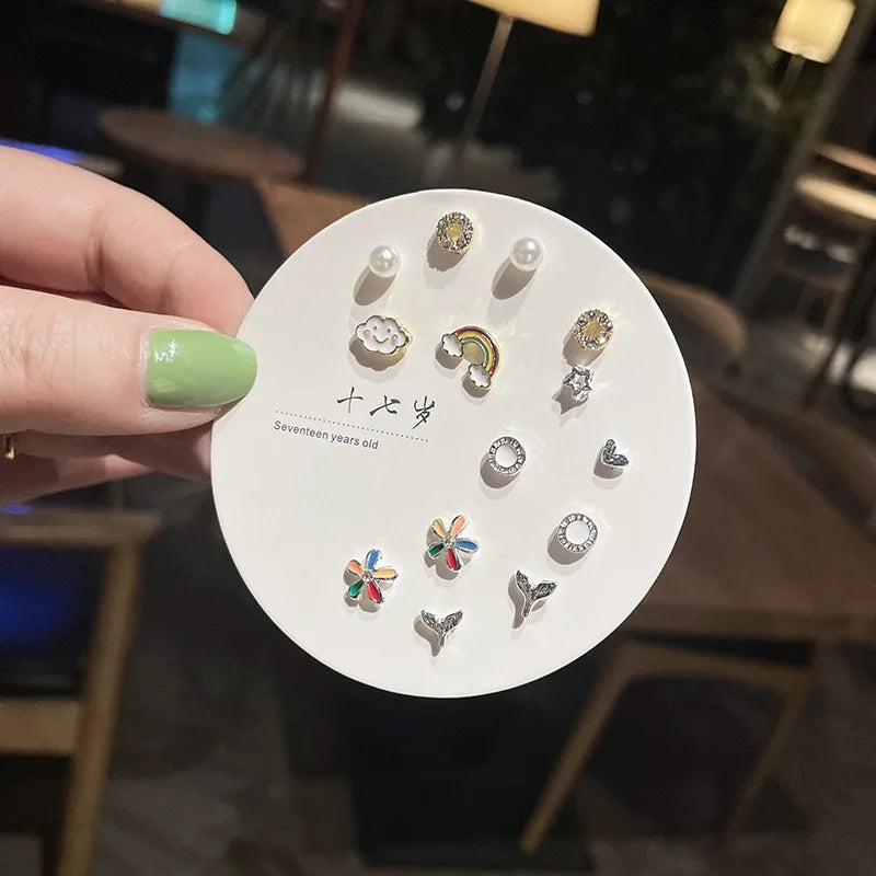 DAIIIBABYYY  -  Korean Fashion New Week Stud Earrings Set for Women Mini Sweet Pearl Heart Bow Rainbow Earring Luxury Jewelry Gift