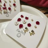 DAIIIBABYYY  -  Autumn Winter Wine Red Bow Flocked Fleece Stud Earrings Set Women Korean Fashion Heart Bow Floral Pearl Earring Jewelry