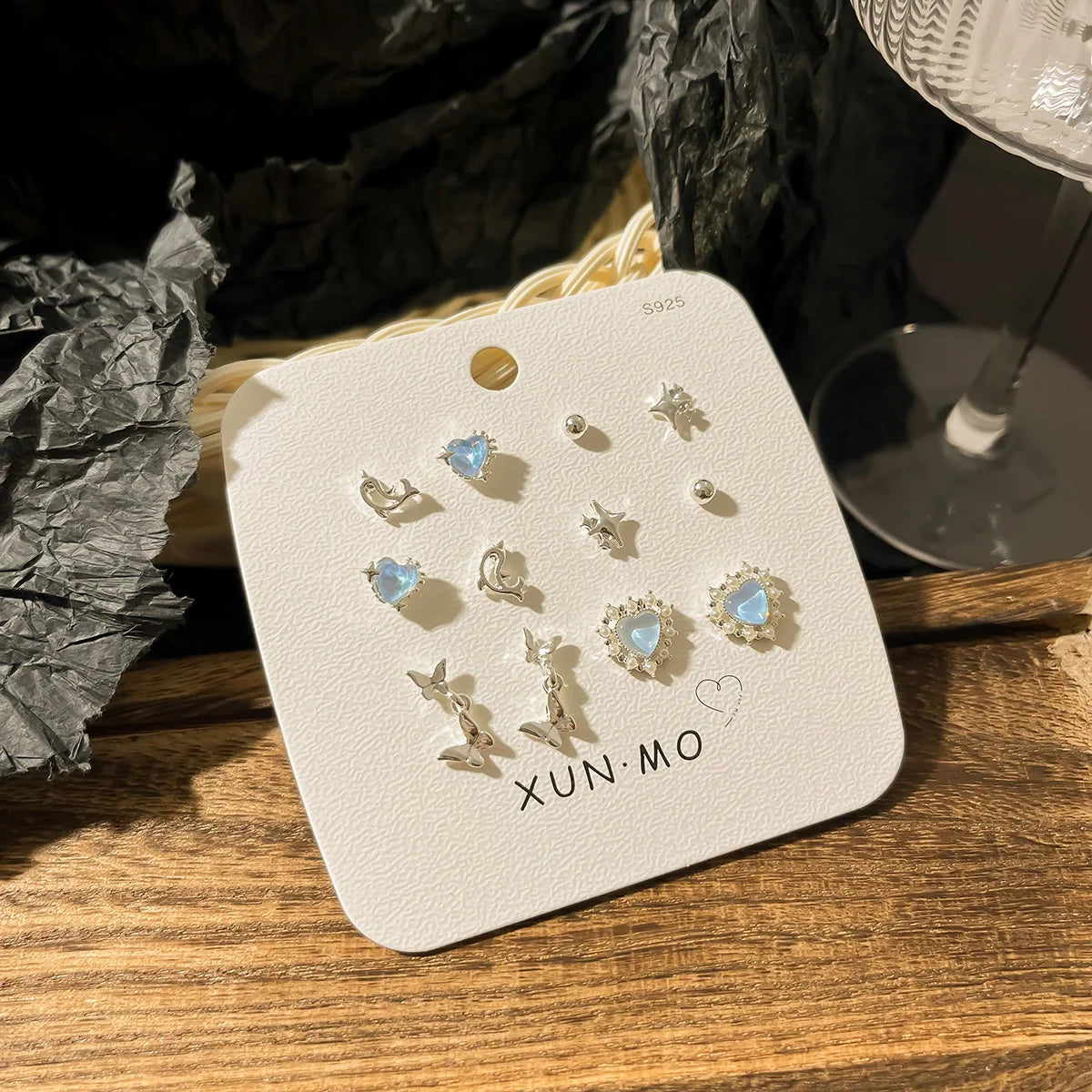 DAIIIBABYYY  -  Sweet Y2K Blue Aurora Rhinestone Heart Star Moon Stud Earrings Set Women Korean Fashion Butterfly Earring Jewelry Gift