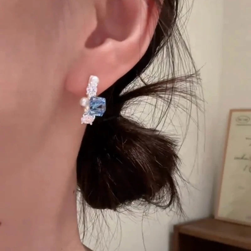 Daiiibabyyy  Blue Crystal Pearl Dangle Earrings for Women Luxury Delicate Pink C-Shaped Earrings Romantic Casual Versatile Jewelry