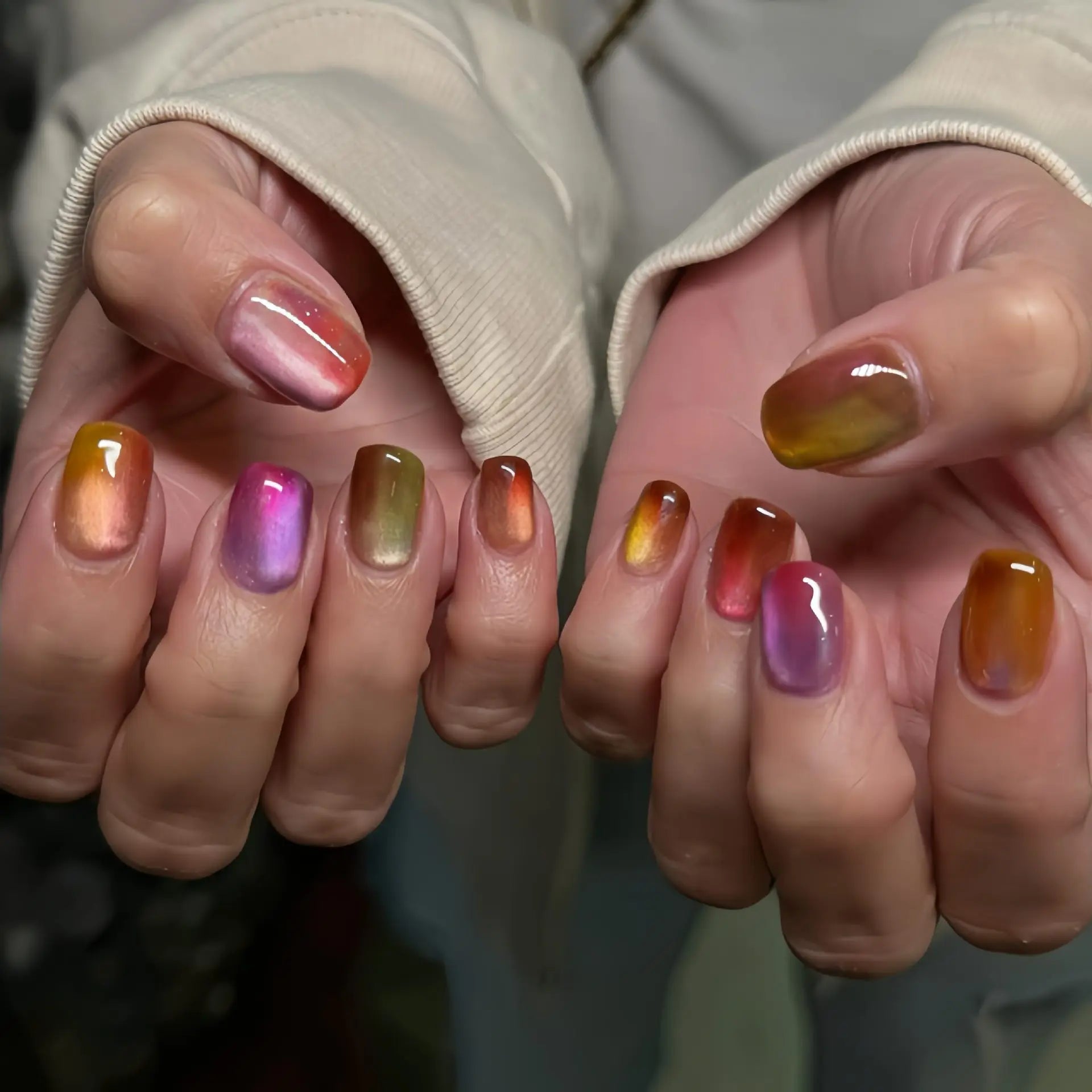 Daiiibabyyy  24pcs Gradient Colorful Fake Nail Art Reusable Candy Cat's Eye Short Ballet False Nails Sets Press  on  Simple Square Manicure
