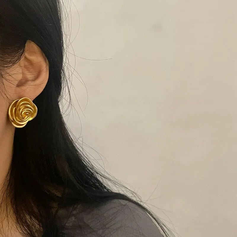 DAIIIBABYYY  -  Gold Color Rose Stud Earrings Women Personality Flowers Earrings Girl Travel Party Jewelry Accessories