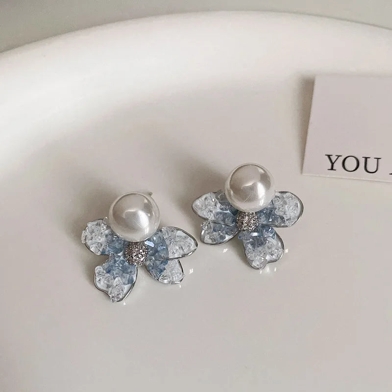 DAIIIBABYYY  -  Luxury Blue Gradient Crystal Butterfly Flower Pearl Earrings Flower Geometric Women Korean Fashion Kpop Tassel Earring