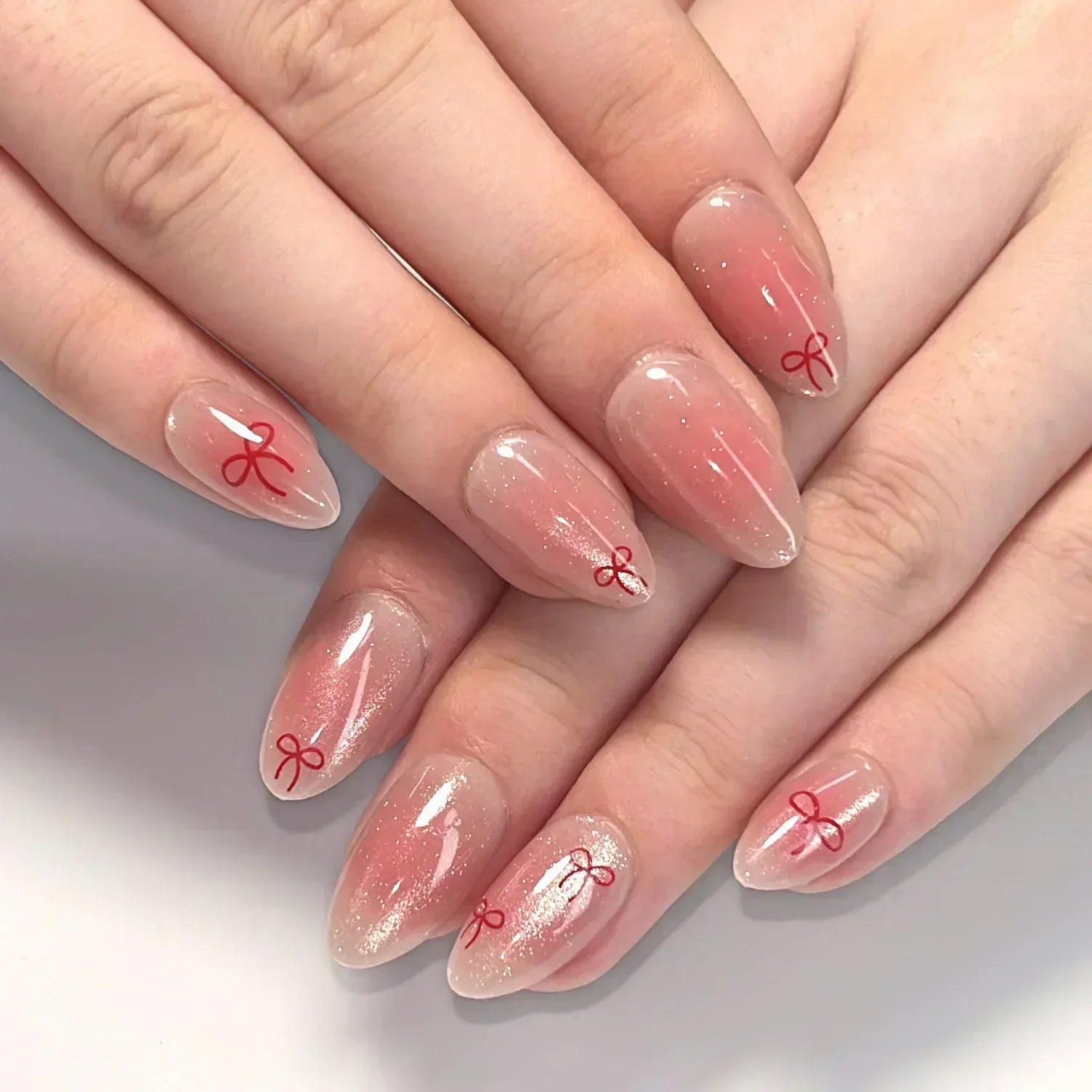 Daiiibabyyy  White Glitter Powder Bowknot Long Pointed Fake Nails Art Ballet False Nail Cow Print Pearl Rhinestone Pink Almond Press on Nails