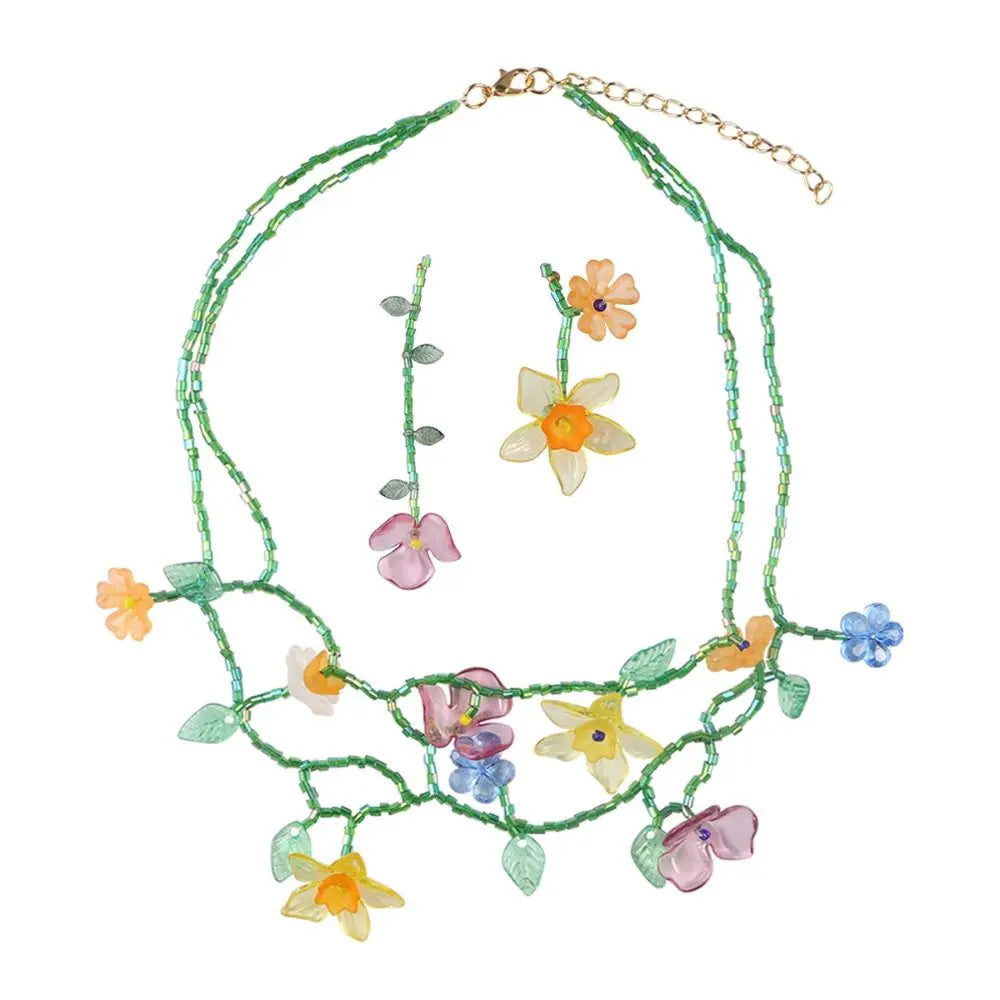 DAIIIBABYYY  -  Handmade Resin Flower Necklace Korean Style Jewelry Accessories Beaded Dangle Earring Tassel Minority Design Asymmetric Earrings