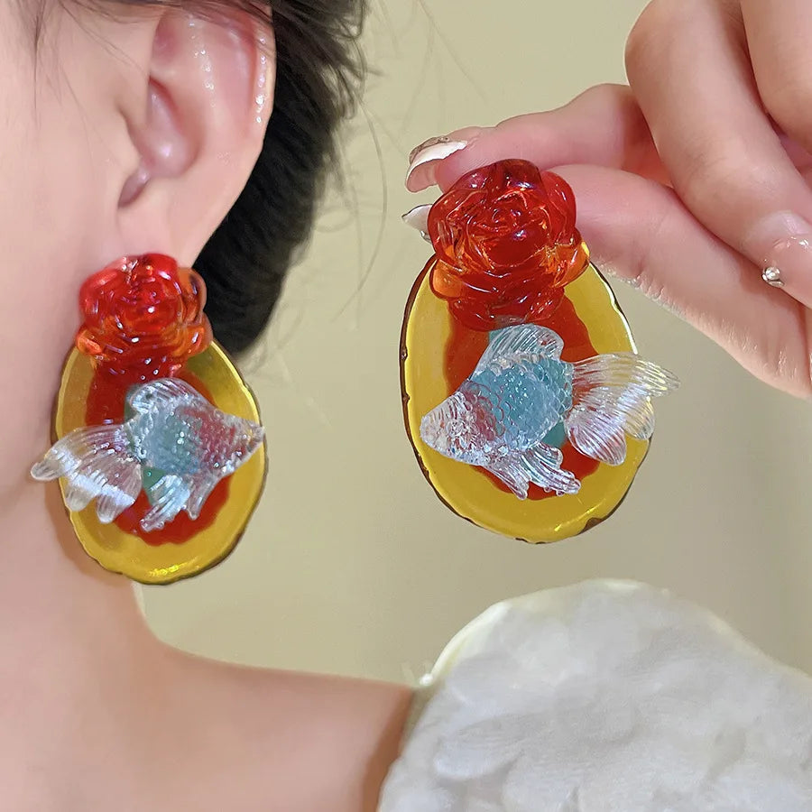 Daiiibabyyy  Resin Oval Koi Flower Earrings for Women New Chinese Retro Earrings 2025 Hot Trendy Drop Earring Luxury Designer Jewelry