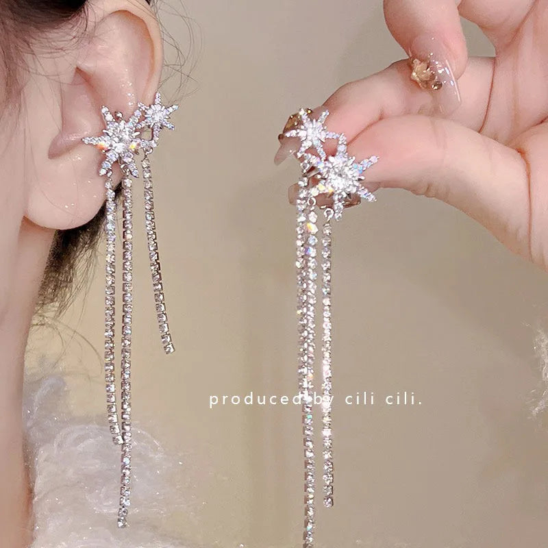 DAIIIBABYYY  -  Women Fairy Korean Fashion Butterfly Star Bow-knot Ear Clip Earrings Rhinestone Long Pearl Tassel Drop Ear Cuff Jewelry
