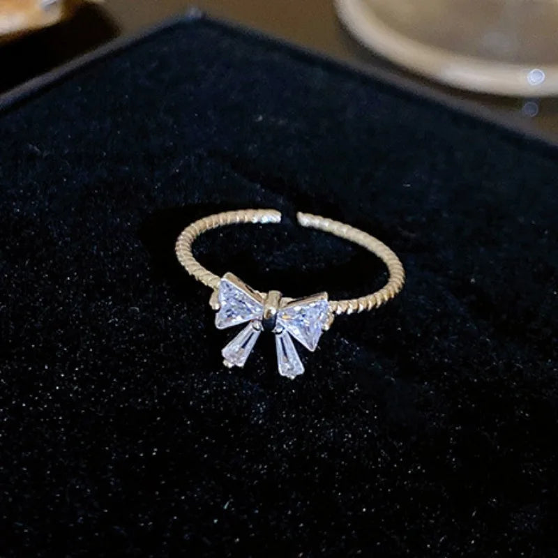 DAIIIBABYYY  -  Sweet Fashion Zircon Bowknot Rings for Women Girls Y2K Crystal Silver Color Adjustable Opening Ring Wedding Party Jewelry Gifts