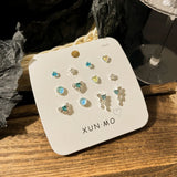 DAIIIBABYYY  -  Sweet Y2K Blue Aurora Rhinestone Heart Star Moon Stud Earrings Set Women Korean Fashion Butterfly Earring Jewelry Gift