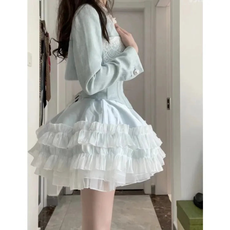 Daiiibabyyy  Y2k Harajuku Sweet Camisole Dress+ Aesthetic Grunge Fashion Vintage Cardigan Women Tailored Coat Blue Two Piece Sets