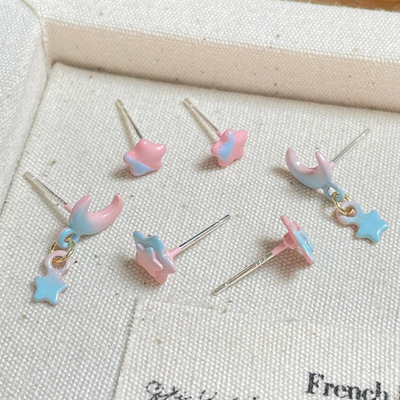 DAIIIBABYYY  -  Gradient Color Pink Blue Summer Bowknot Moon Star Pendant Earrings Set Women Korean Fashion Sweet Heart Stud Earring Jewelry