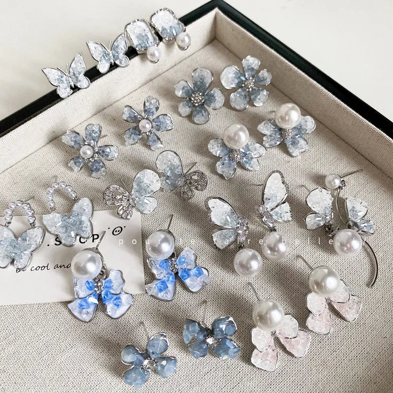 DAIIIBABYYY  -  Luxury Blue Gradient Crystal Butterfly Flower Pearl Earrings Flower Geometric Women Korean Fashion Kpop Tassel Earring