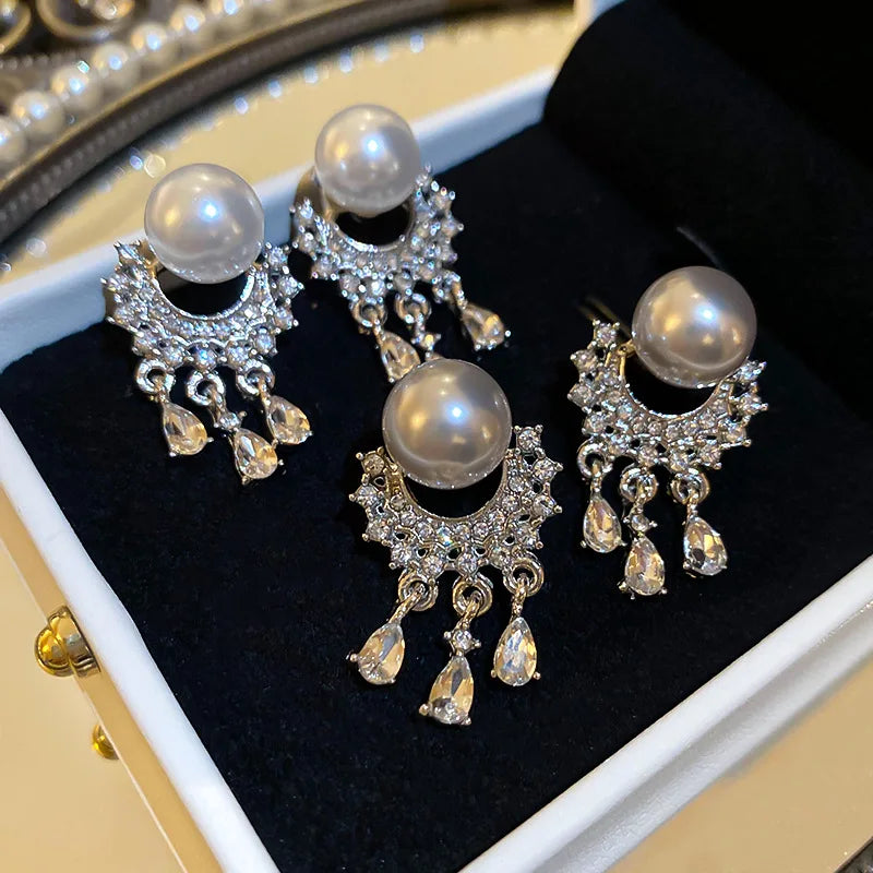 DAIIIBABYYY  -  Exquisite Pearl Crystal Tassel Drop Earrings for Women 2024 New Luxury Metal Geometric Temperament Earrings Aesthetic Jewelry