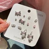 DAIIIBABYYY  -  Summer New Shiny Pink Flower Cherry Butterfly Star Pearl Stud Earrings Set for Women Girls One Week Korean Fashion Jewelry Gift