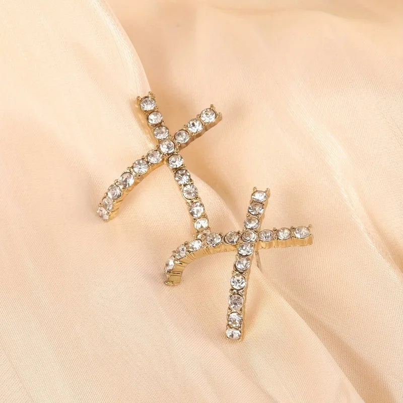 DAIIIBABYYY  -  French Simple X Shape Metal Set Cubic Zirconia Earrings Women's Personalised Hip Hop Style Jewellery Holiday Party Accessories