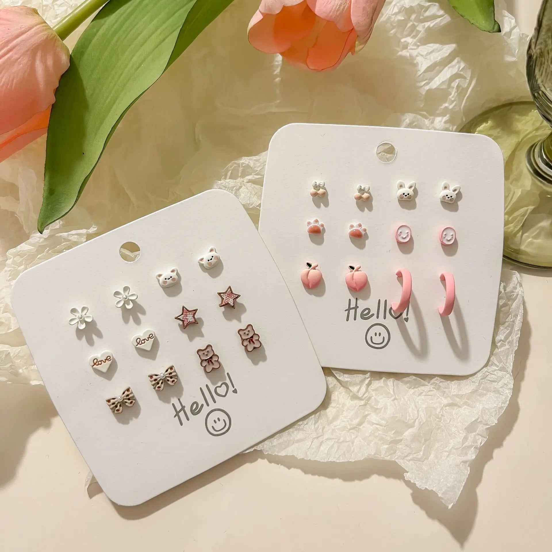 DAIIIBABYYY  -  Hot Selling Cute Flower Heart Cartoon Animal Stud Earrings Set for Women Korean Fashion Sweet Pink Peach Earring Jewelry