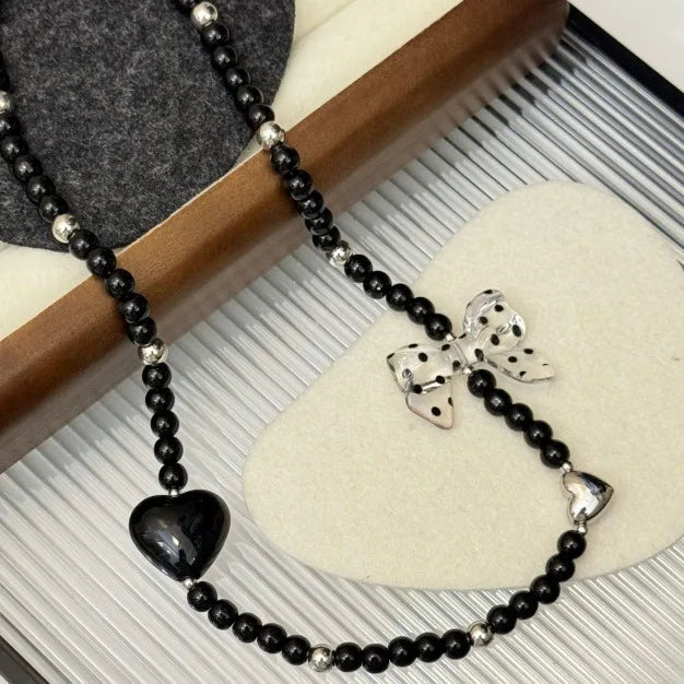 DAIIIBABYYY  -  New black heart polka dot bow necklace high-end sweet style clavicle chain earrings