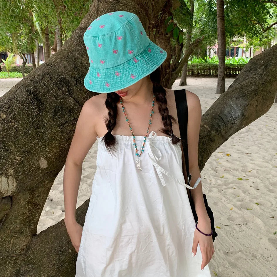 Butterfly Embroidery Bucket Hat For Women Summer Cowboy  Hat Autumn Ladies Fisherman Caps Outdoor Travel Sun Protect Hats