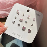 DAIIIBABYYY  -  Summer New Shiny Pink Flower Cherry Butterfly Star Pearl Stud Earrings Set for Women Girls One Week Korean Fashion Jewelry Gift