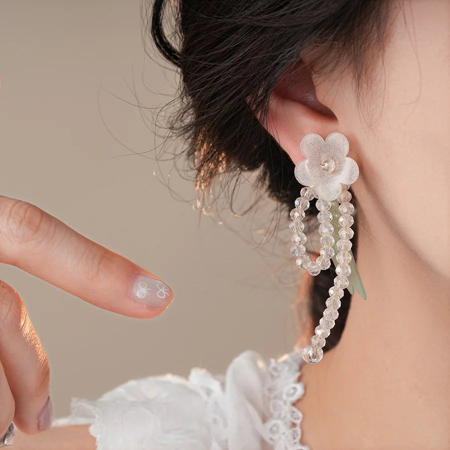 DAIIIBABYYY  -  Light Luxury Sweet Glass Crystal Flower Leaf Tassel Dangle Earrings For Women Fashion Cute Sweet Jewelry Accessories Gifts