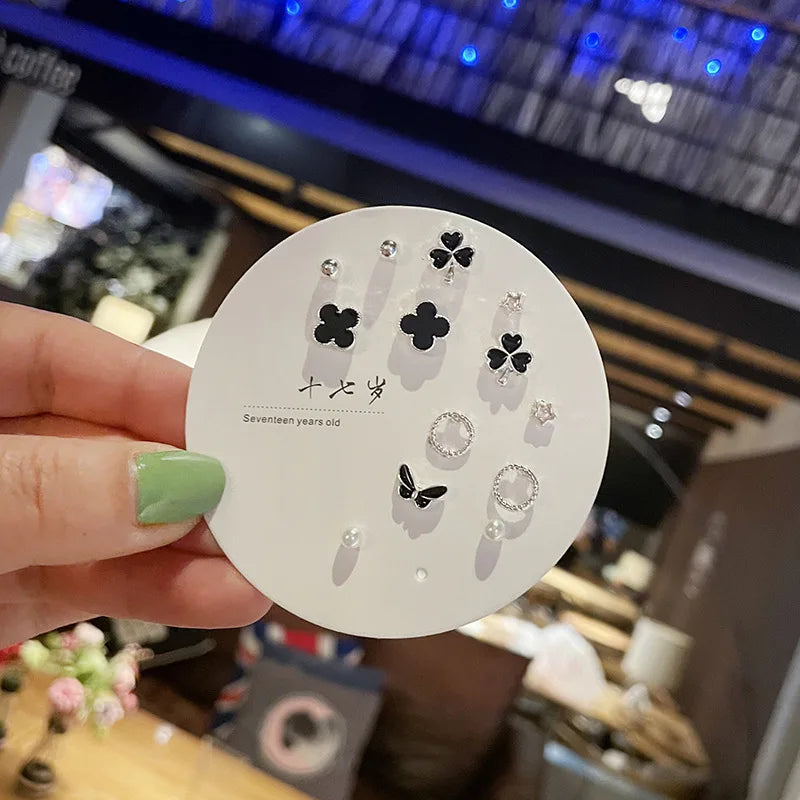 DAIIIBABYYY  -  Korean Fashion New Week Stud Earrings Set for Women Mini Sweet Pearl Heart Bow Rainbow Earring Luxury Jewelry Gift