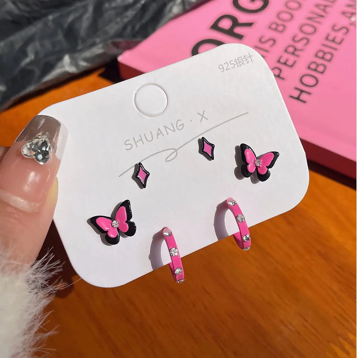 DAIIIBABYYY  -  Pink Glass Heart Butterfly Stud Earrings Set White Flower Korean Fashion Women Sweet Earring Jewelry Piercing brincos