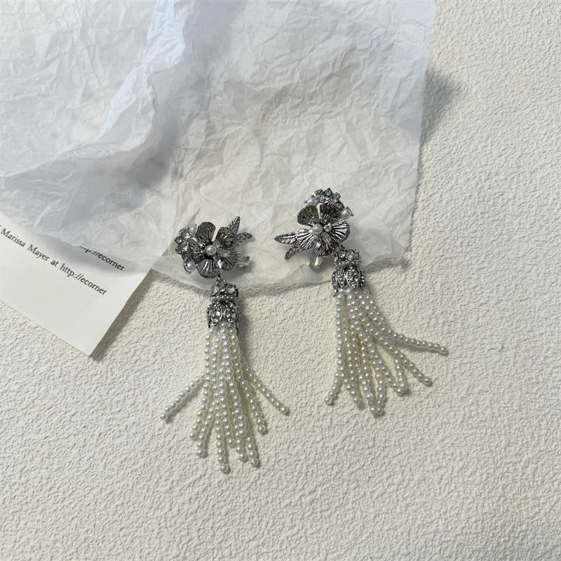 DAIIIBABYYY  -  Korean Design Fashion Silver Color Metal Pearl Tassel Earrings Elegant Long Flower Drop Earings Female
