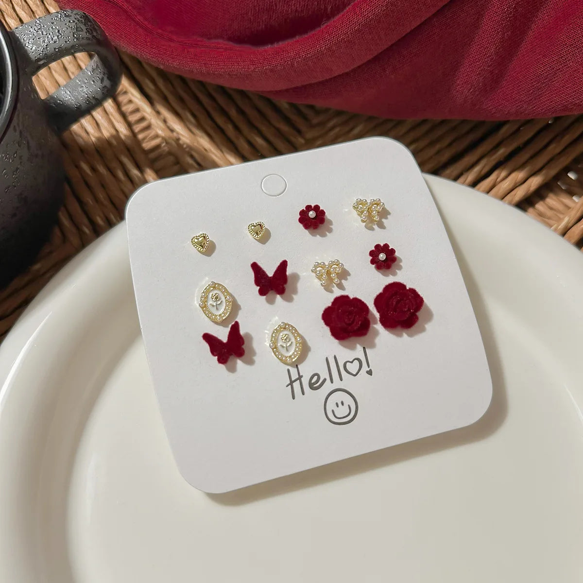 DAIIIBABYYY  -  Autumn Winter Wine Red Bow Flocked Fleece Stud Earrings Set Women Korean Fashion Heart Bow Floral Pearl Earring Jewelry