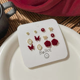 DAIIIBABYYY  -  Autumn Winter Wine Red Bow Flocked Fleece Stud Earrings Set Women Korean Fashion Heart Bow Floral Pearl Earring Jewelry