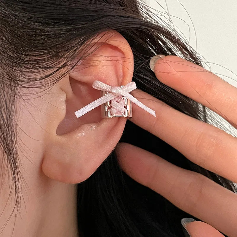 DAIIIBABYYY  -  Y2K Style Ribbon Pink Bow Ties Clip Earrings for Women Girls Sweet Cool Korean Charm Girls Ear Bone Clip Fashion Jewelry Gifts