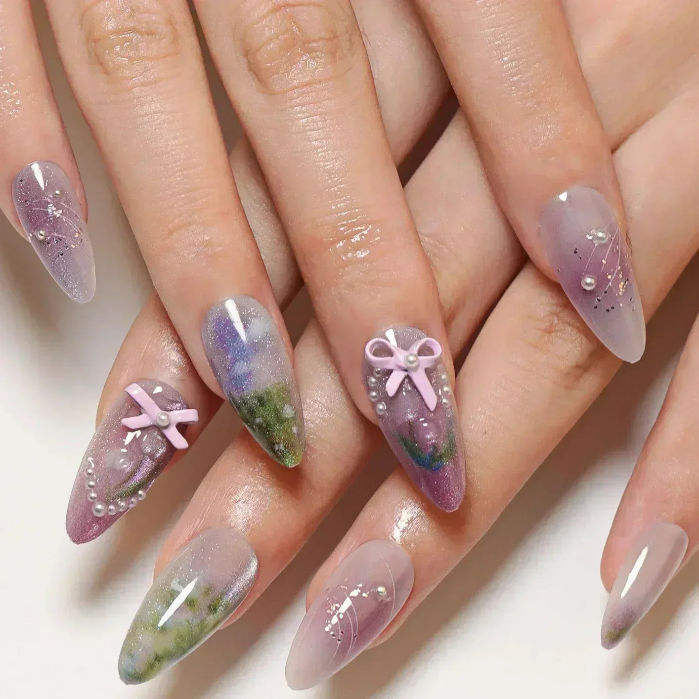 Daiiibabyyy  White Glitter Powder Bowknot Long Pointed Fake Nails Art Ballet False Nail Cow Print Pearl Rhinestone Pink Almond Press on Nails