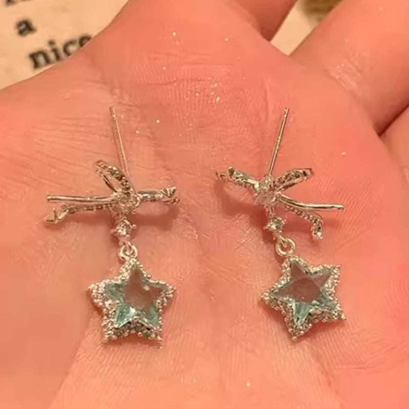 Daiiibabyyy Exquisite Blue Star Shaped Crystal Stud Earrings for Women Personalized Stylish Daily Accessories Party Jewelry Birthday Gifts