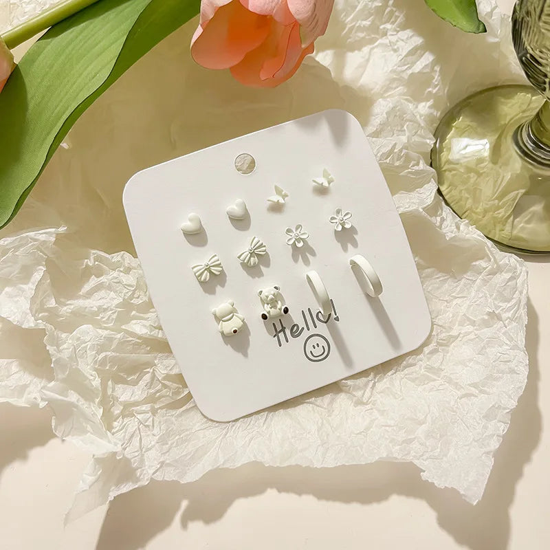 DAIIIBABYYY  -  Hot Selling Cute Flower Heart Cartoon Animal Stud Earrings Set for Women Korean Fashion Sweet Pink Peach Earring Jewelry