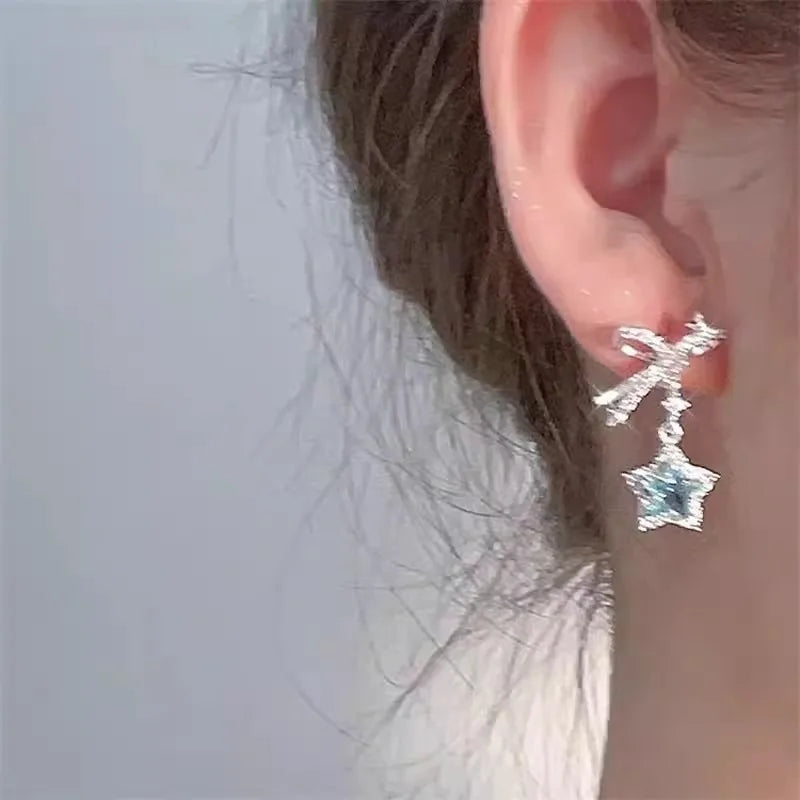 Daiiibabyyy Exquisite Blue Star Shaped Crystal Stud Earrings for Women Personalized Stylish Daily Accessories Party Jewelry Birthday Gifts